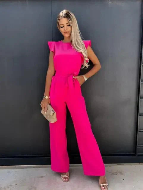 Women's Jumpsuit - Ruched Short Sleeves - Belt at Waist - Wide Legs - Lightweight Comfort