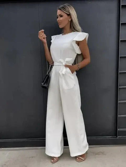Women's Jumpsuit - Ruched Short Sleeves - Belt at Waist - Wide Legs - Lightweight Comfort