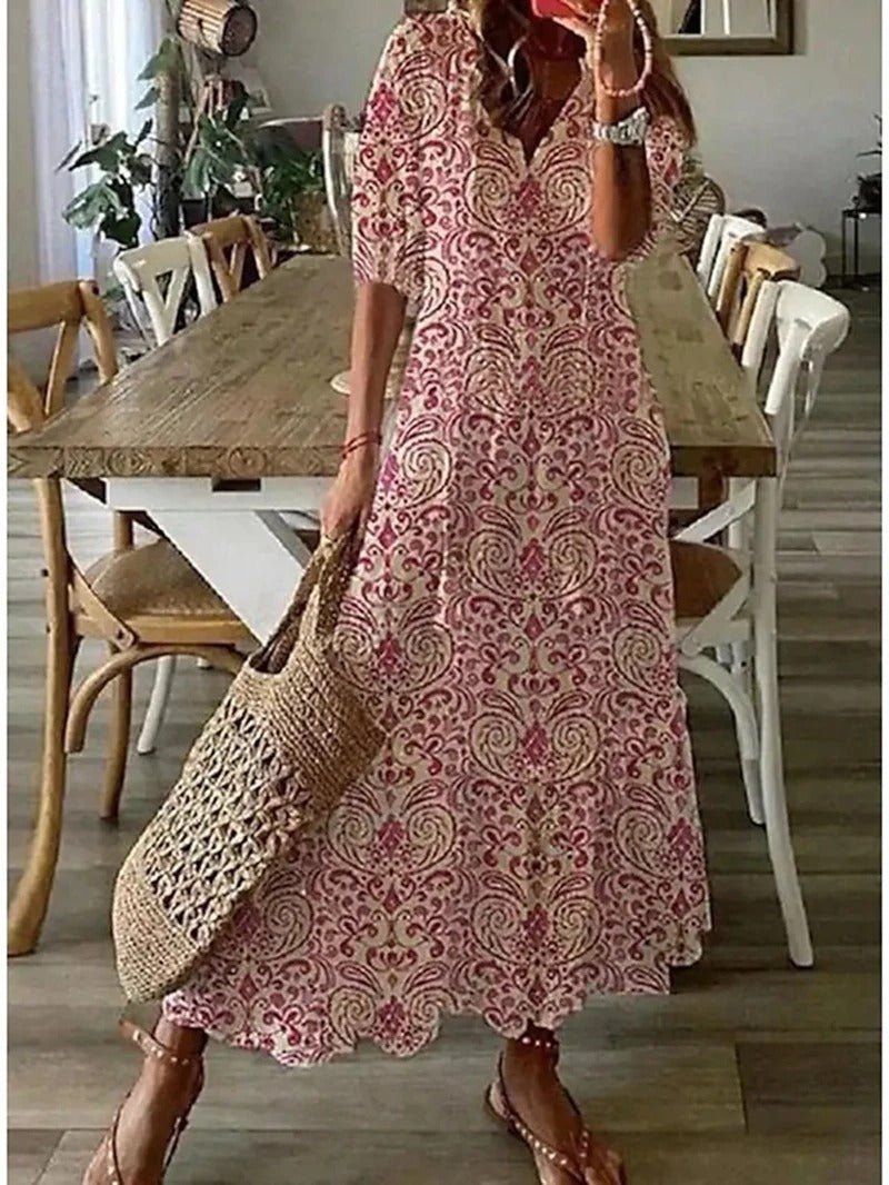Women's Maxi Dress - Lightweight Material - V-Neck - Short Sleeves - Floral and Loose Fit