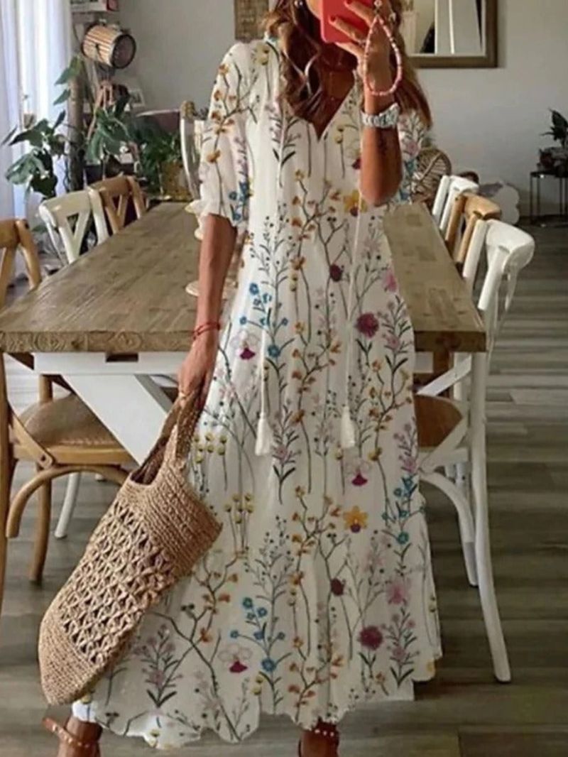 Women's Maxi Dress - Lightweight Material - V-Neck - Short Sleeves - Floral and Loose Fit
