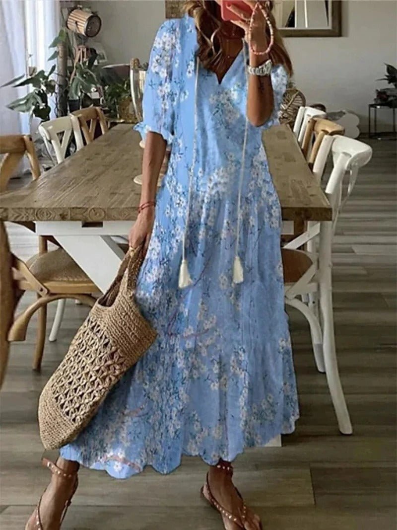 Women's Maxi Dress - Lightweight Material - V-Neck - Short Sleeves - Floral and Loose Fit