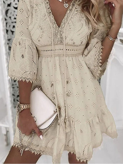 Women's Dress - Lightly Embroidered Lace - Loose Fit - V-Neck with Fringes - 3/4 Sleeves