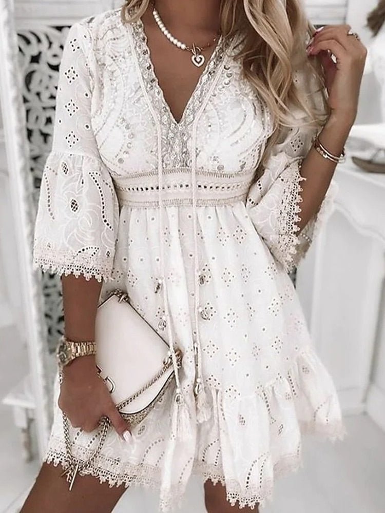 Women's Dress - Lightly Embroidered Lace - Loose Fit - V-Neck with Fringes - 3/4 Sleeves