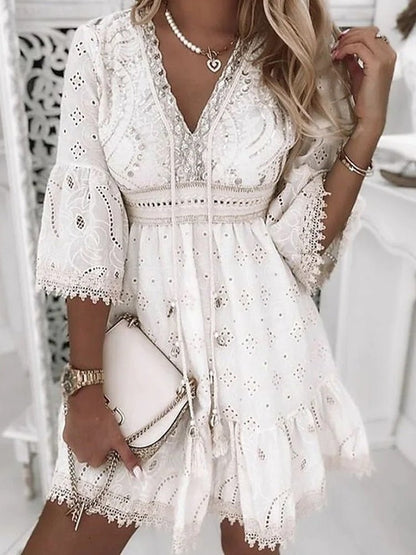 Women's Dress - Lightly Embroidered Lace - Loose Fit - V-Neck with Fringes - 3/4 Sleeves