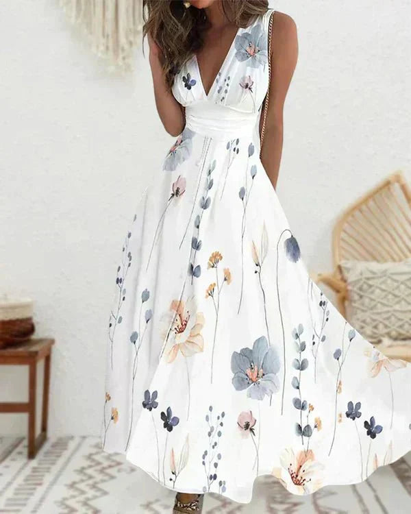 Women's Maxi Dress – Sleeveless – V-Neck – Lightweight – Floral Print – Elegant Fit