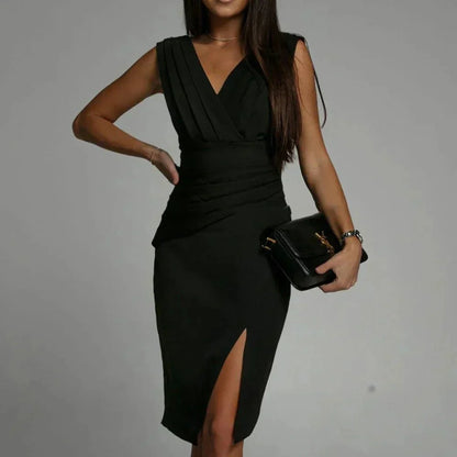 Women's Dress – Form-Fitting Draped Fit – Sleeveless V-Neck – Knee-Length Party Look