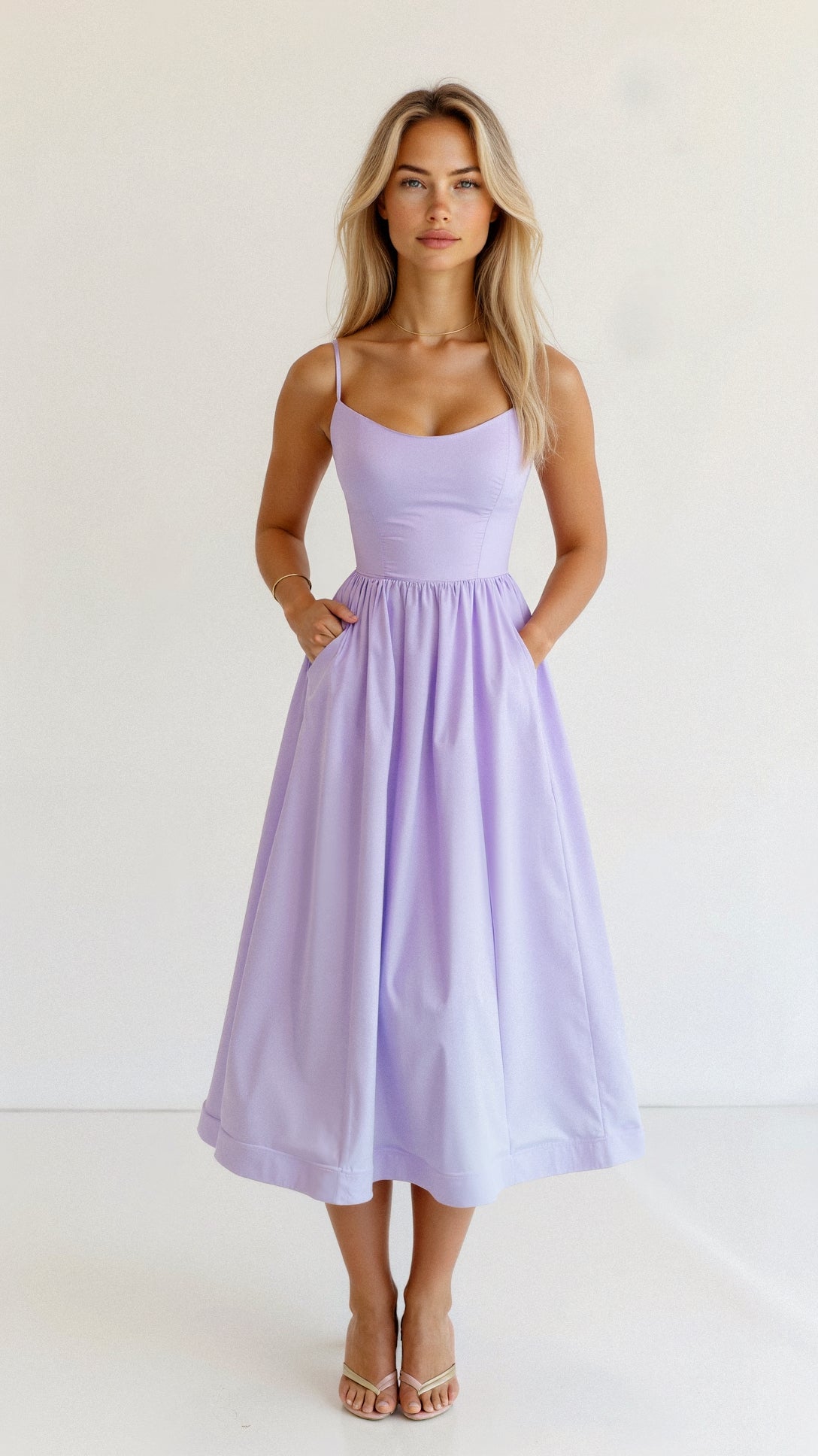 Womens Midi Dress A Line Silhouette Spaghetti Straps Elegant Fluid Design For Any Occasion