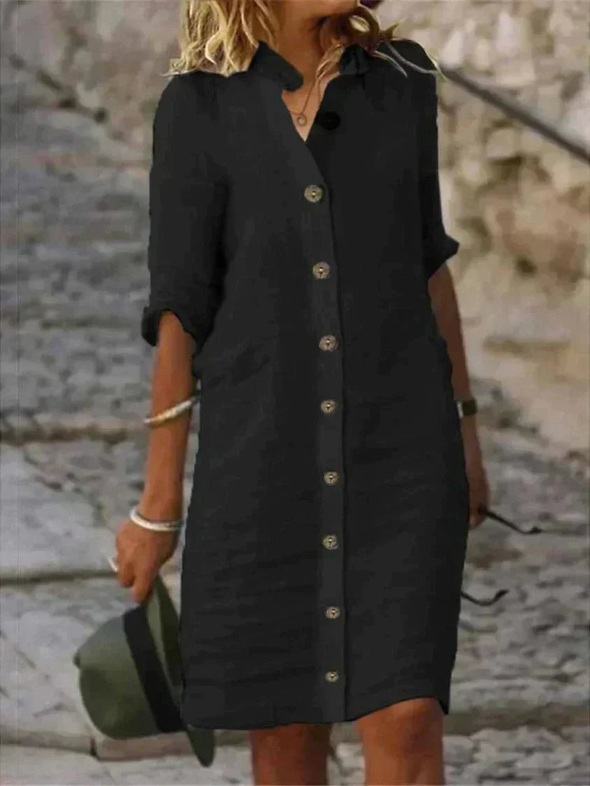Women's Shirt Dress – Lightweight Fabric – Relaxed Fit – Knee-Length with Long Sleeves