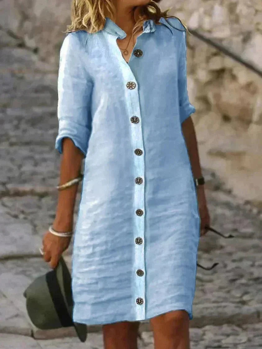 Women's Shirt Dress – Lightweight Fabric – Relaxed Fit – Knee-Length with Long Sleeves