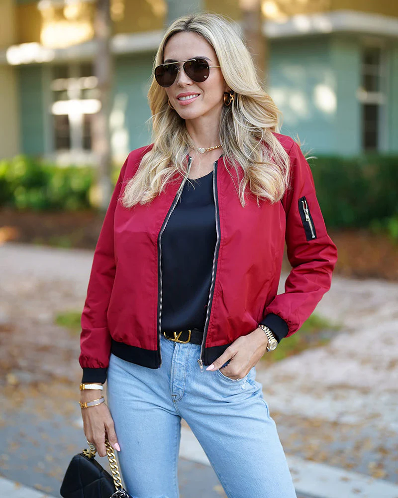 Nina Bomber Jacket With Zipper Closure For Women Everyday Casual Wear Lightweight Sporty Style