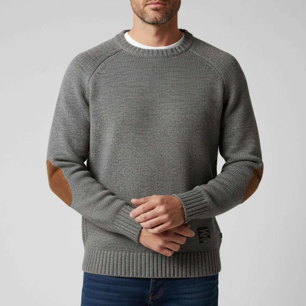 Men's Elbow Patch Knit Sweater With Raglan Sleeves And Ribbed Hem In Classic Red