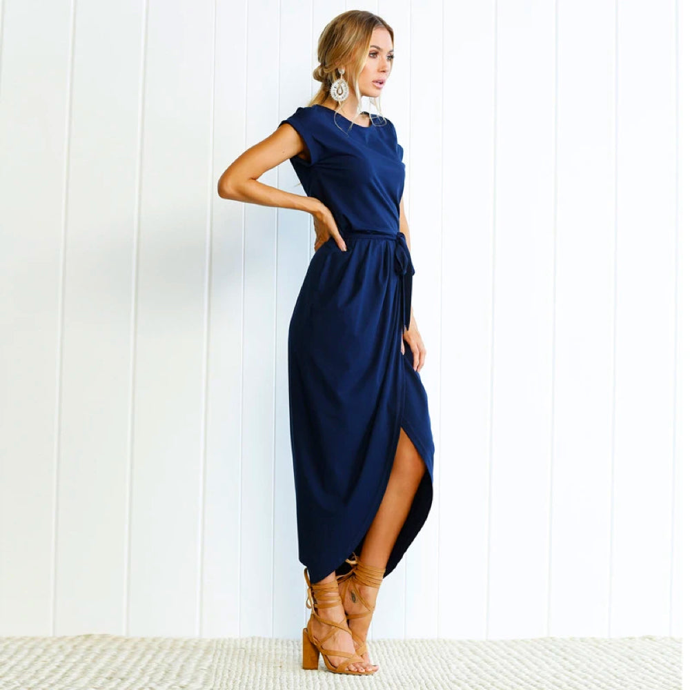 Women's Maxi Dress - Light and Airy - Tie at Waist - Asymmetric Slit