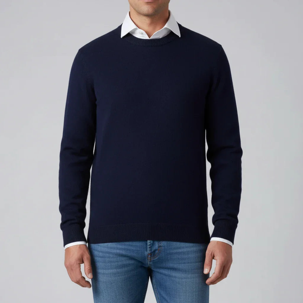 Men's Light Blue Crew Neck Knit Sweater Regular Fit With Ribbed Cuffs Timeless Wardrobe Essential