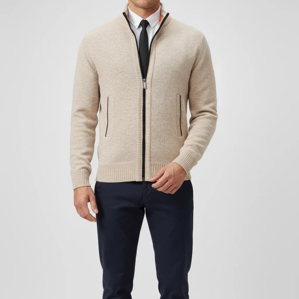 Men Zip Up Sweater With Stand Collar For Easy Layering And Timeless Style Ideal For Office Or Weekend Wear