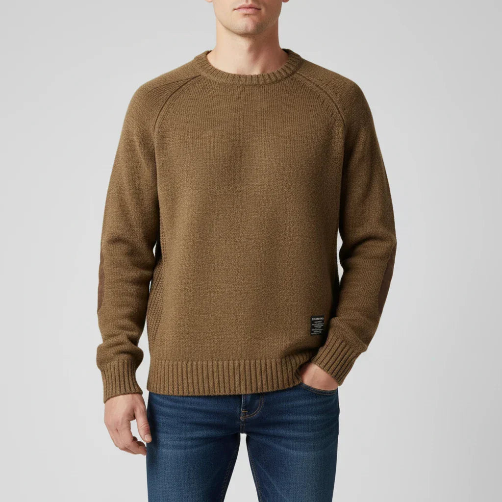 Men's Elbow Patch Knit Sweater With Raglan Sleeves And Ribbed Hem In Classic Red
