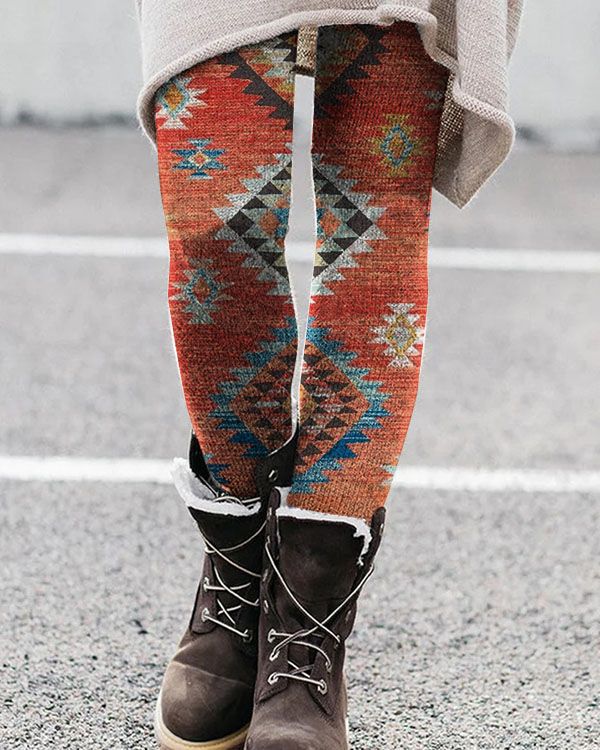 Women’s Leggings – Stretch Fit – Breathable Knit – Geometric Pattern – Full Length