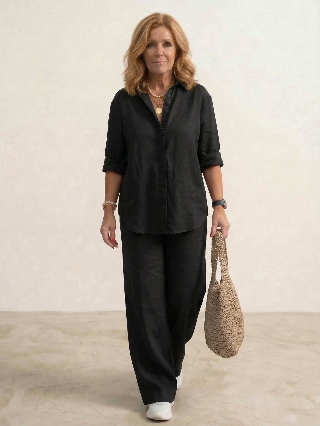Women's Button-Down Shirt with Wide-Leg Trousers Set