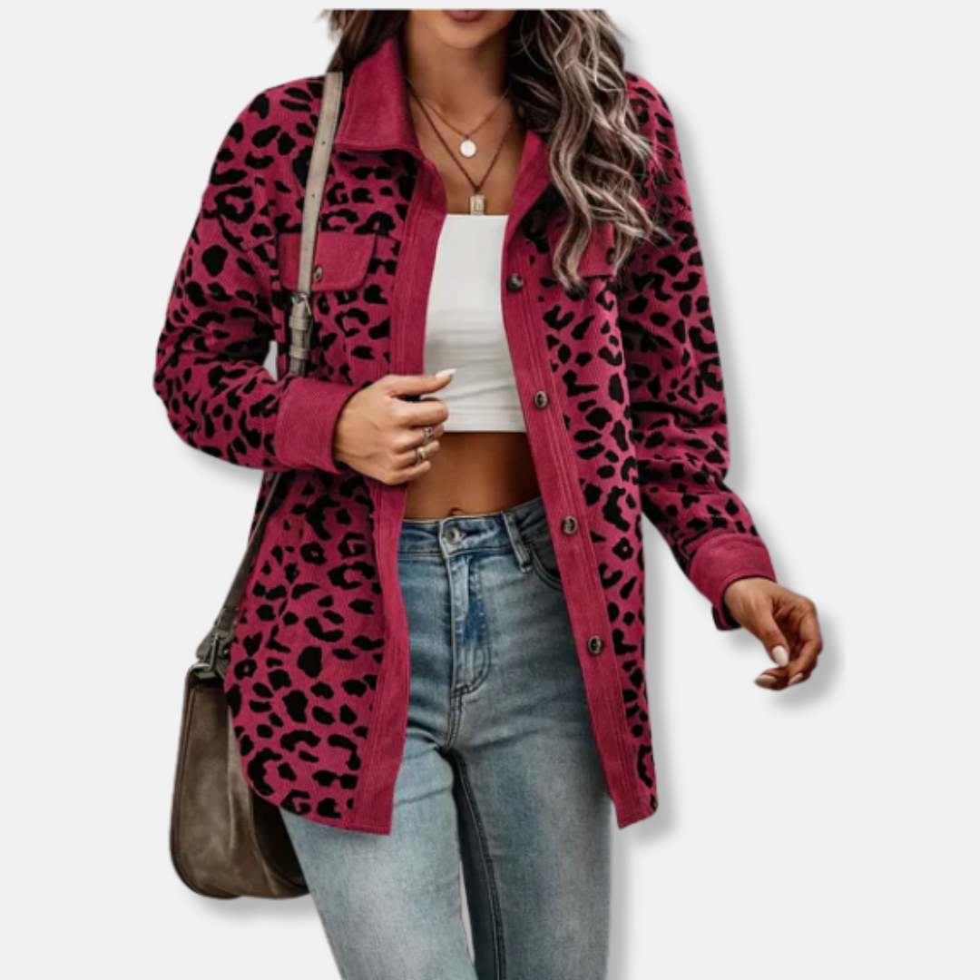 Women’s Shacket – Relaxed Fit – Corduroy Ribbed Texture – Animal Print – Button-Up Long Sleeve