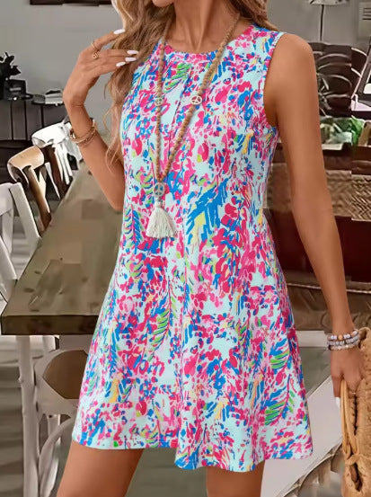 Women’s Vest Dress – Relaxed Fit – Sleeveless – Floral Print – Short Length – Lightweight