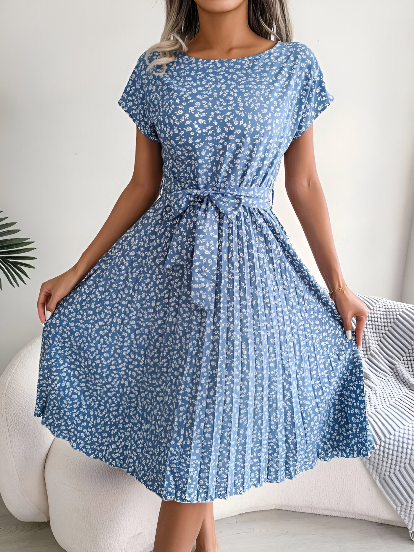 Women's Pleated Dress with Floral Design and A-Line Silhouette