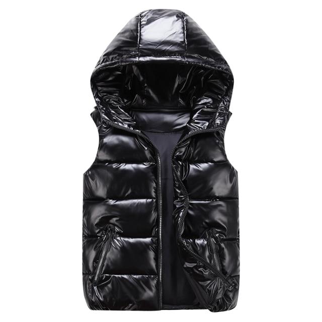 Mens Puffer Vest With Hood Relaxed Fit Quilted Outerwear Glossy Wind Resistant Winter Layer