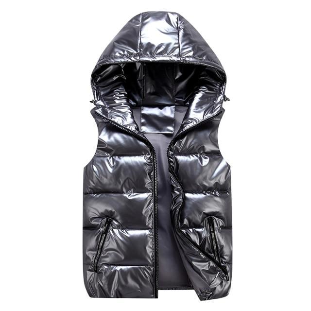 Mens Puffer Vest With Hood Relaxed Fit Quilted Outerwear Glossy Wind Resistant Winter Layer