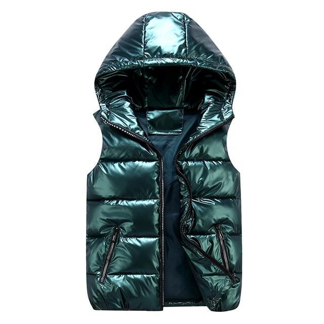 Mens Puffer Vest With Hood Relaxed Fit Quilted Outerwear Glossy Wind Resistant Winter Layer