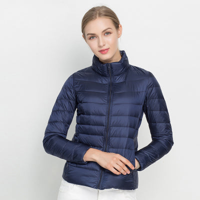 Light Quilted Navy Jacket With High Collar Slim Fit For Men And Women Providing Lightweight Warmth And Comfort