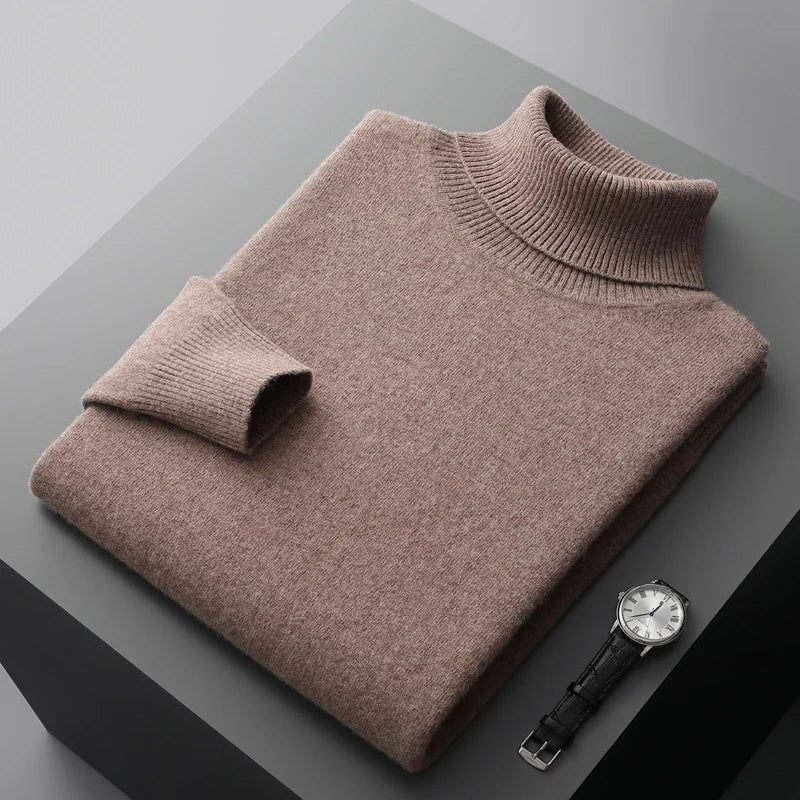 Theodore Regular Fit Ribbed Turtleneck Merino Wool Sweater For Men Solid Hip Length