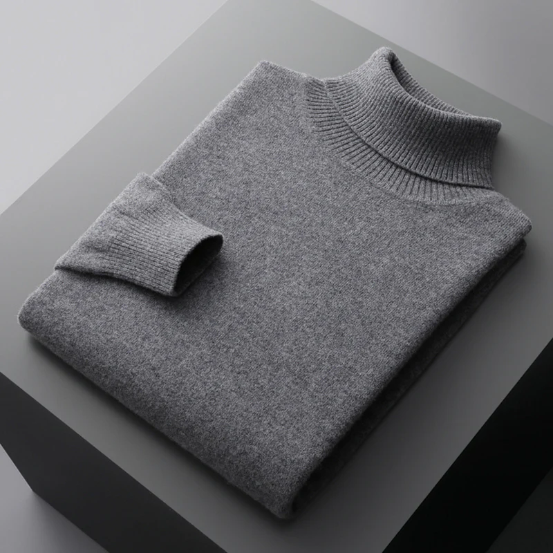 Theodore Regular Fit Ribbed Turtleneck Merino Wool Sweater For Men Solid Hip Length