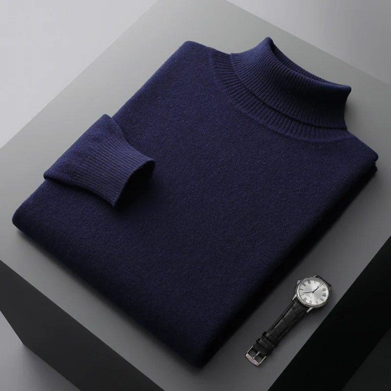 Theodore Regular Fit Ribbed Turtleneck Merino Wool Sweater For Men Solid Hip Length