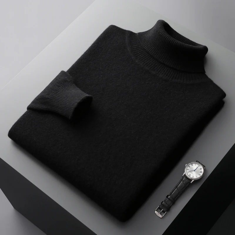 Theodore Regular Fit Ribbed Turtleneck Merino Wool Sweater For Men Solid Hip Length