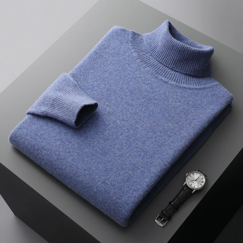 Theodore Regular Fit Ribbed Turtleneck Merino Wool Sweater For Men Solid Hip Length