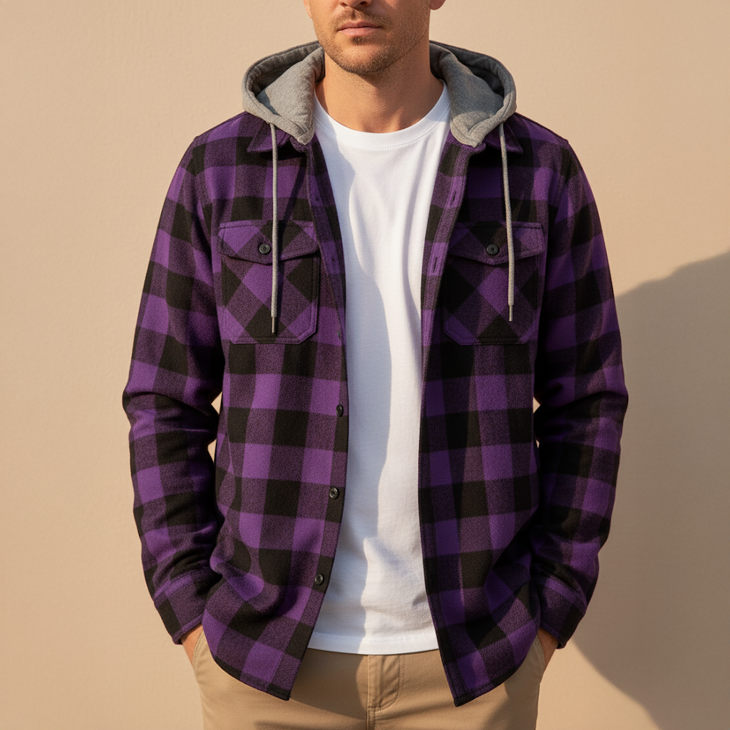 Mens Checked Hooded Jacket For Everyday Casual Wear BuiltIn Hood Timeless Plaid Pattern Versatile AllSeason Style