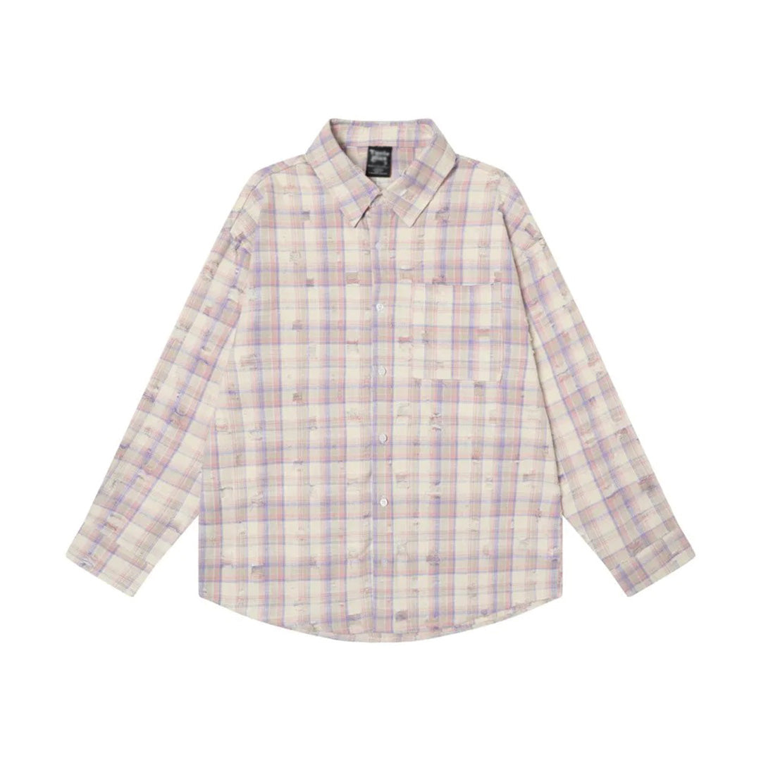 Le Carré Déchiré Distressed Plaid Cotton Shirt For Men With Breathable Fabric And Rip Details Relaxed Fit