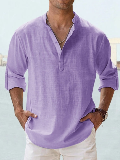 Men's Relaxed Fit Grandad Collar Shirt With Long Sleeves In Sustainable Lightweight Fabric
