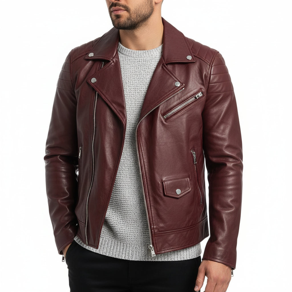 Men's Leather Biker Jacket With Asymmetrical Zip And Quilted Shoulder Accents For A Slim Fit