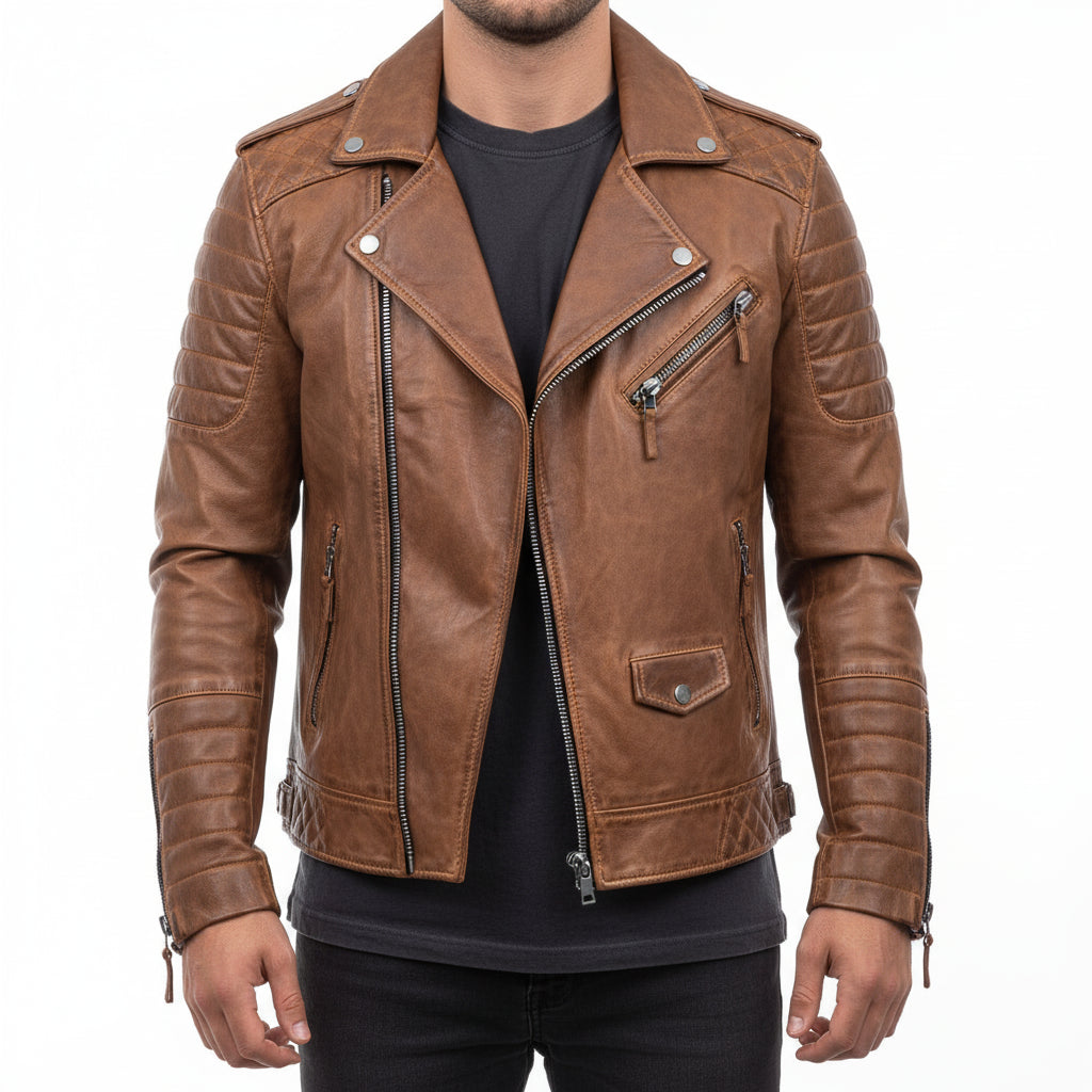 Men's Leather Biker Jacket With Asymmetrical Zip And Quilted Shoulder Accents For A Slim Fit