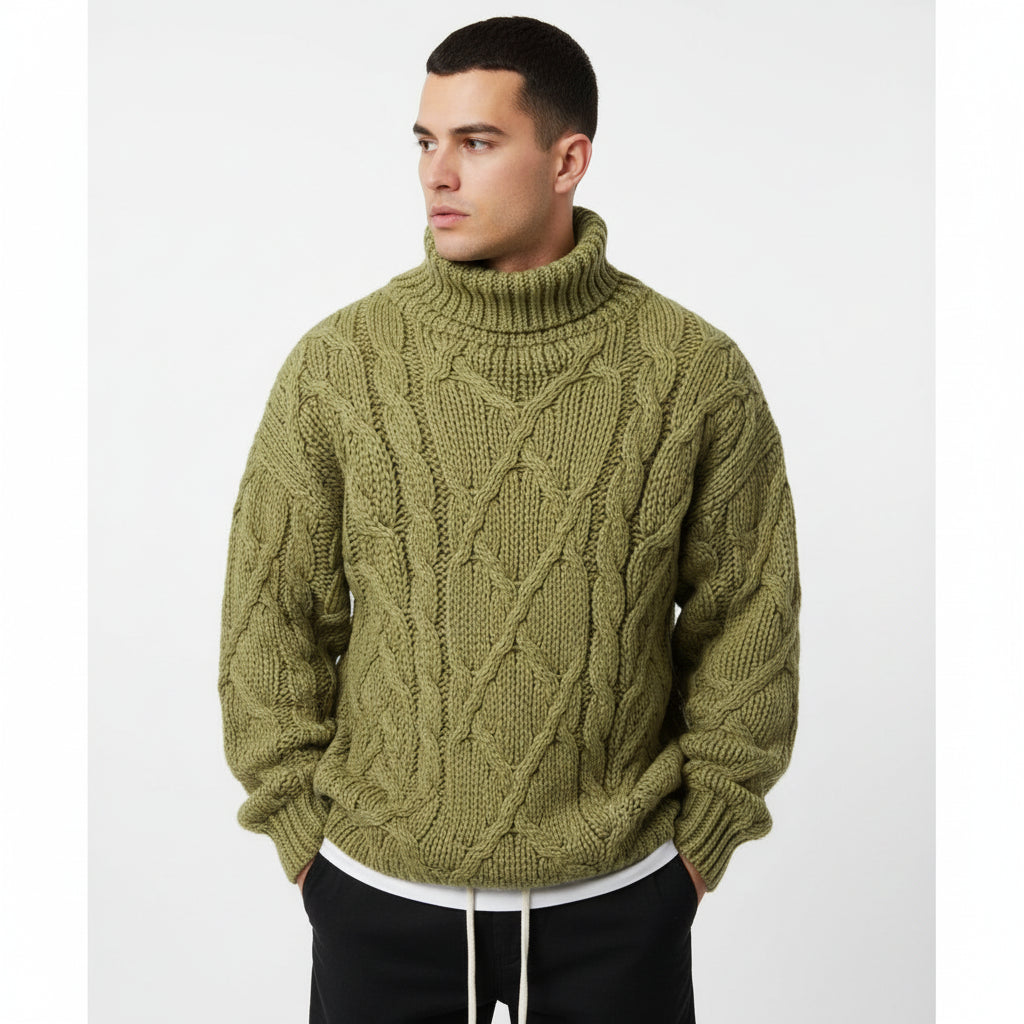TrendAura Mens Turtleneck Cable Knit Sweater Relaxed Fit Premium Winter Layering Essential