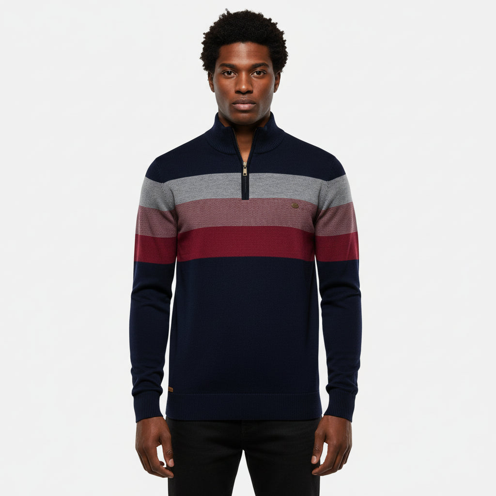 Mens Striped Quarter Zip Mock Neck Sweater By TrendAura Ribbed Knit Warm Casual Layer