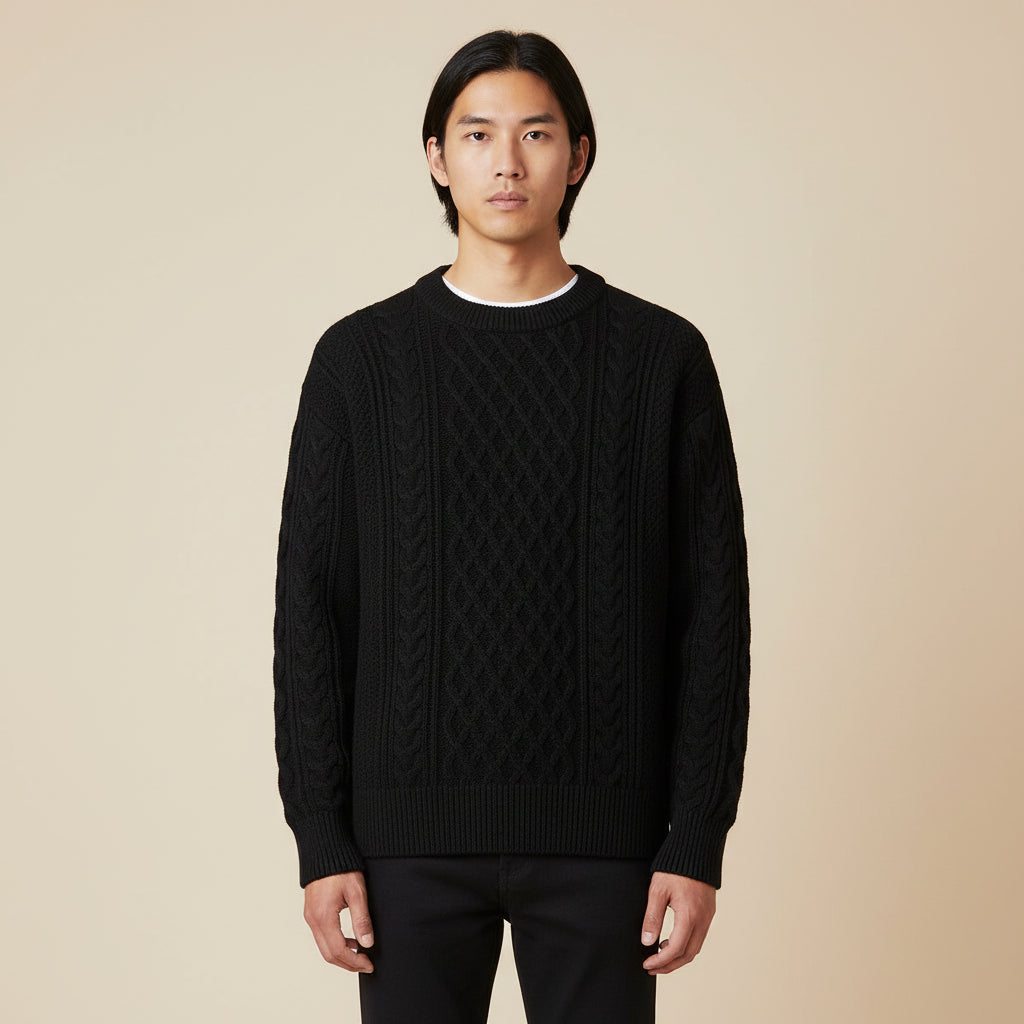Mens Cable Knit Crewneck Sweater With Relaxed Fit And Ribbed Details By TrendAura Everyday Essential