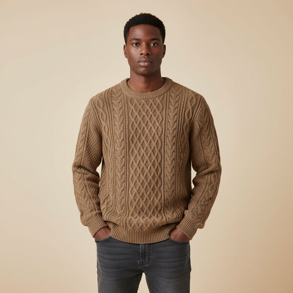 Mens Cable Knit Crewneck Sweater With Relaxed Fit And Ribbed Details By TrendAura Everyday Essential
