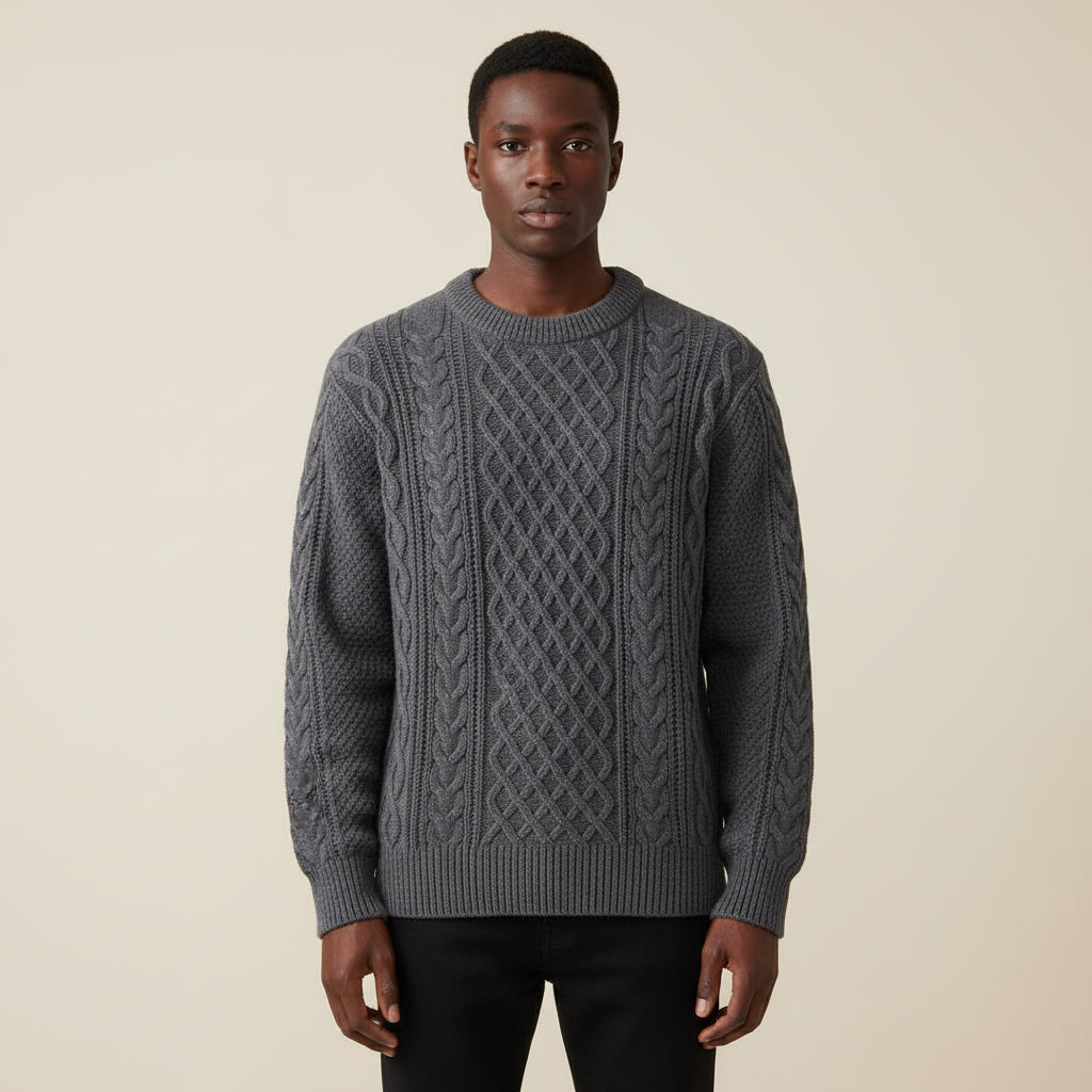 Mens Cable Knit Crewneck Sweater With Relaxed Fit And Ribbed Details By TrendAura Everyday Essential