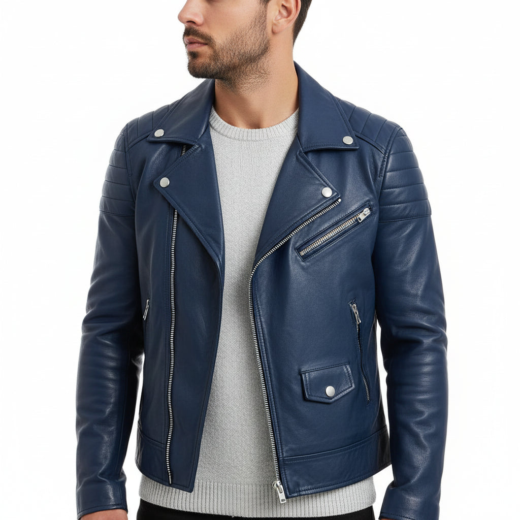 Men's Leather Biker Jacket With Asymmetrical Zip And Quilted Shoulder Accents For A Slim Fit
