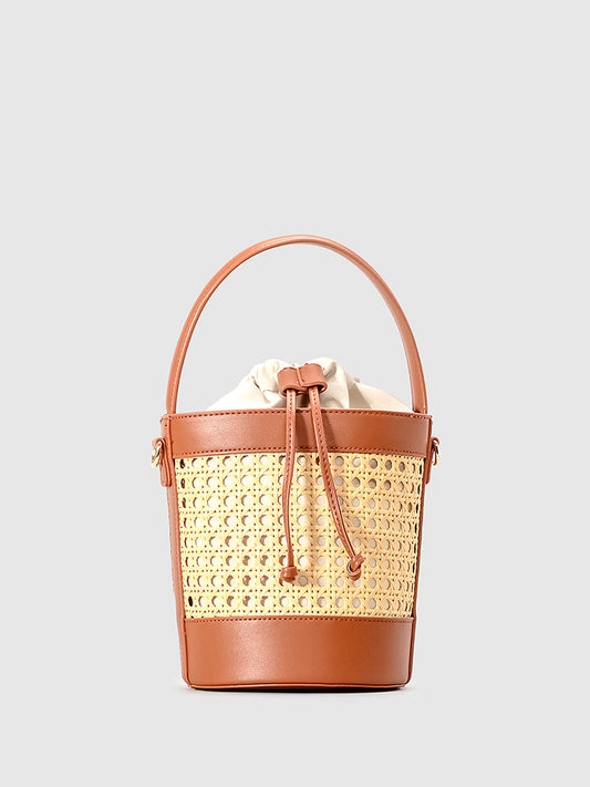 Rattan Accent Drawstring Bucket Bag - TrendAura