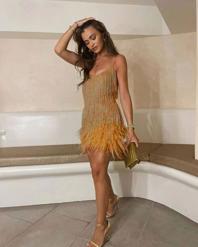 Women’s Mini Dress - Sleeveless - Spaghetti Straps - Fringe Details - Feather Edge