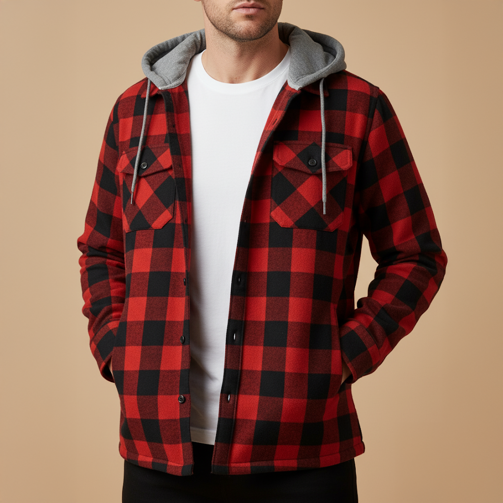 Mens Checked Hooded Jacket For Everyday Casual Wear BuiltIn Hood Timeless Plaid Pattern Versatile AllSeason Style