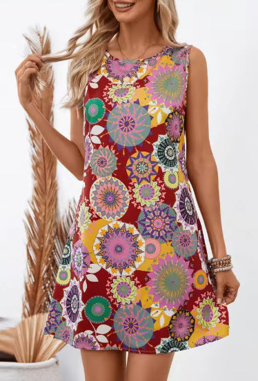 Women’s Vest Dress – Relaxed Fit – Sleeveless – Floral Print – Short Length – Lightweight