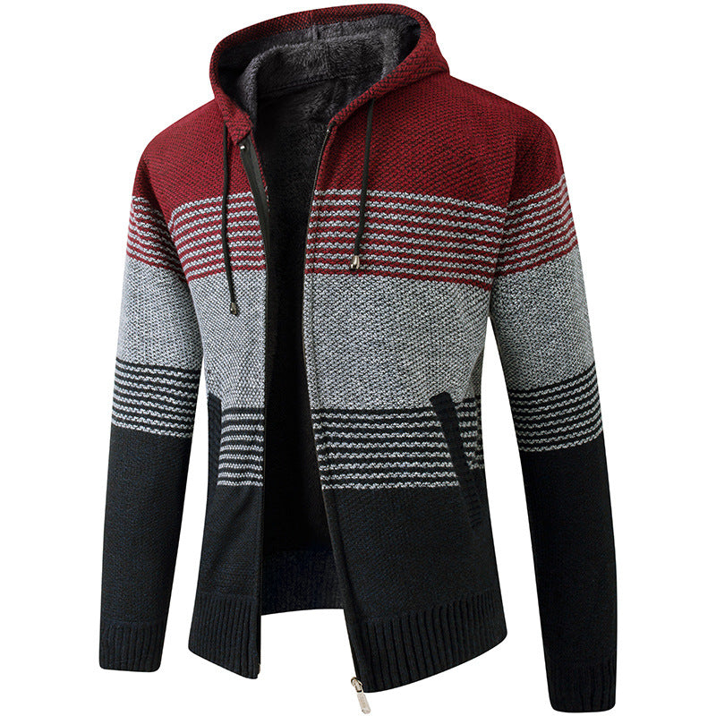 Mens Knitted Hoodie Zip Up Jacket With Striped Pattern Cozy Casual Cardigan For Everyday Wear
