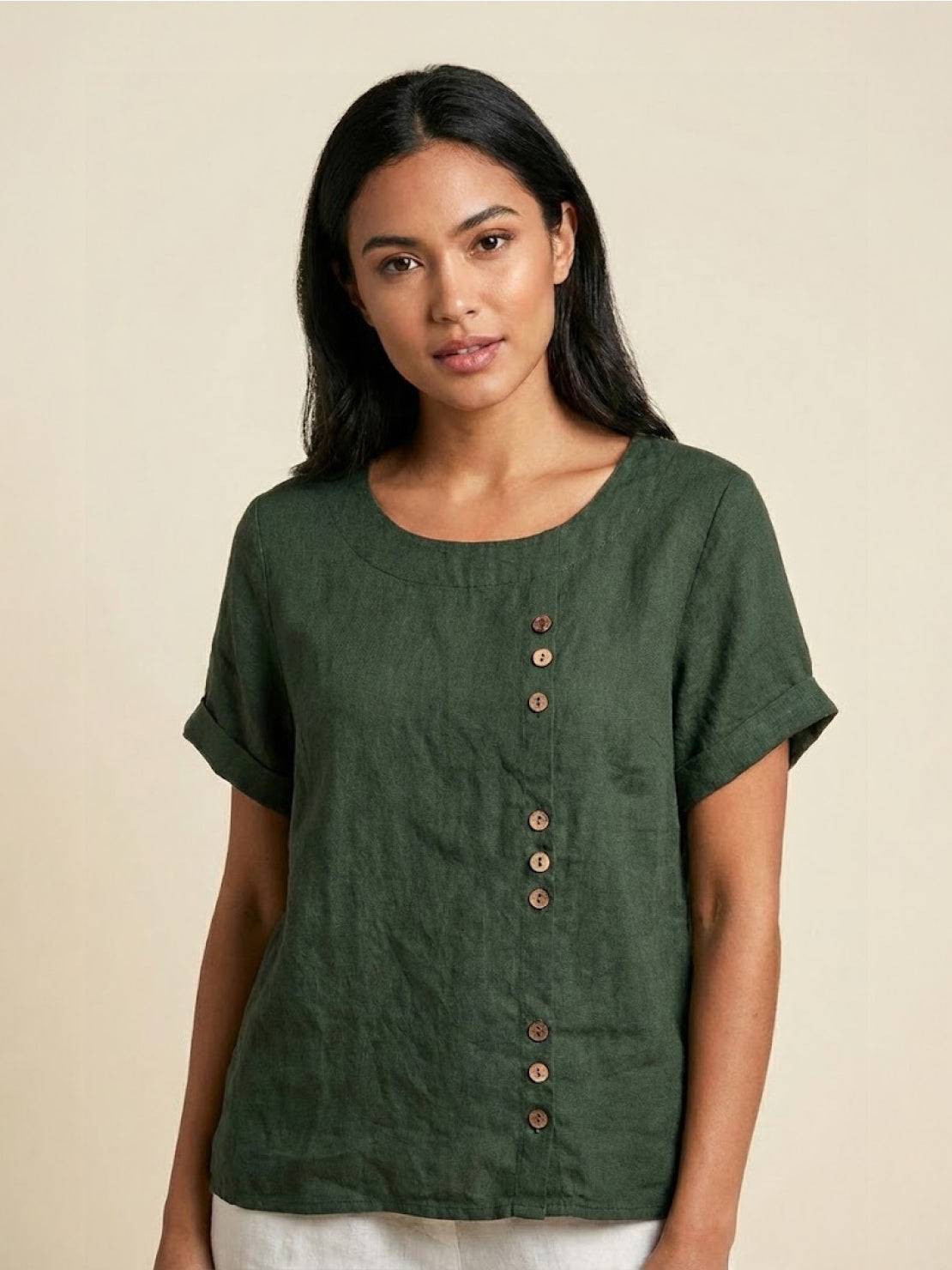 Women's Short Sleeve Top with Scoop Neck and Button Detail - TrendAura